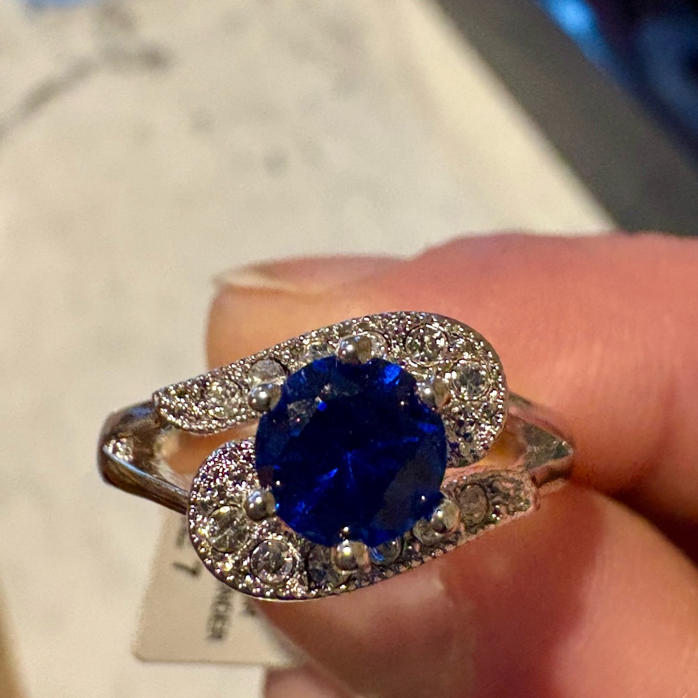 Sterling Silver Rhodium-Plated Lab Sapphire Ring with Diamond Accents size 7 NWT